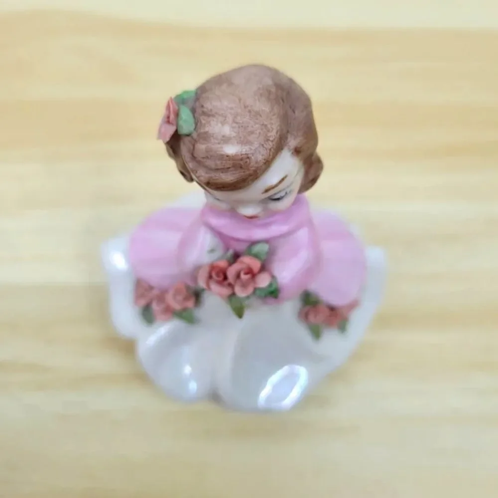 Vintage Pink & Lustery Girl with Applied Flowers Ceramic Figurine